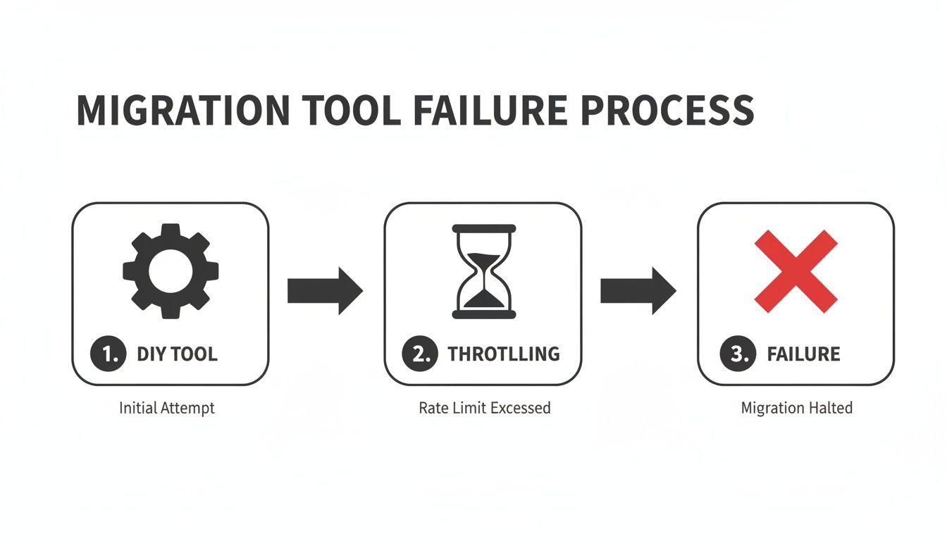Diagram illustrating a migration tool failure process: DIY tool, throttling due to rate limits, and eventual migration halted.