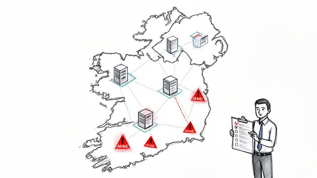 Map of Ireland illustrating data center locations, server network, warning signs, and a person reviewing a checklist.