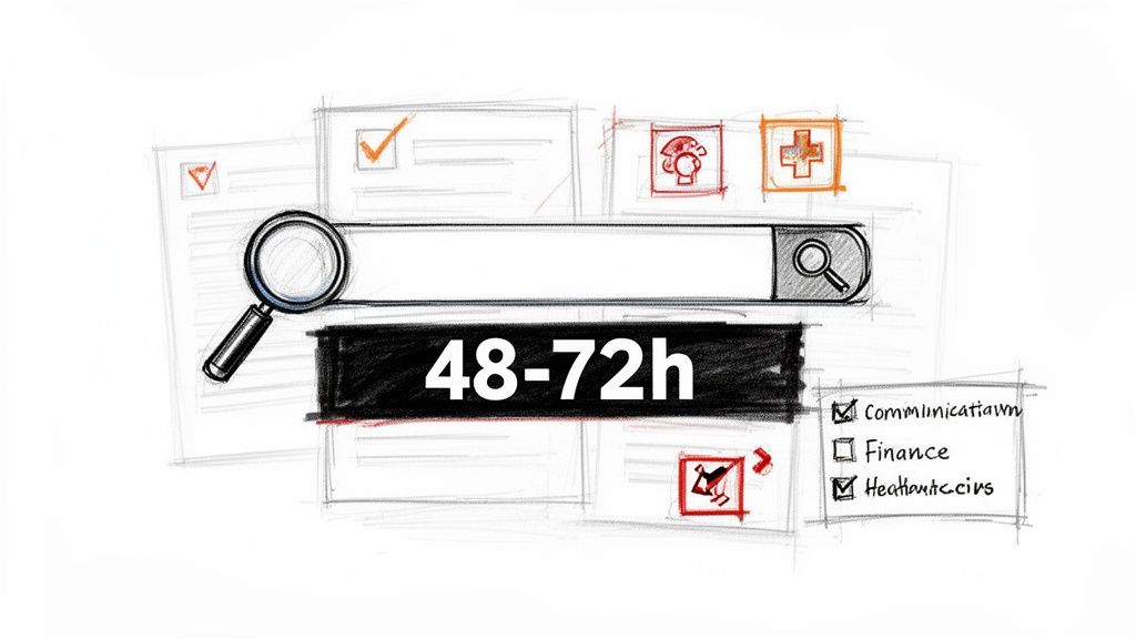 Sketch illustrating a search bar, a '48-72h' timeframe, and various service or document icons.