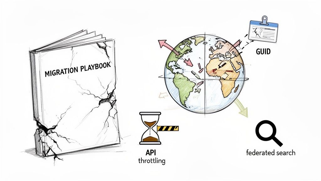 Conceptual diagram showing challenges in data migration, including a broken playbook, global data movement, throttling, GUIDs, and federated search.