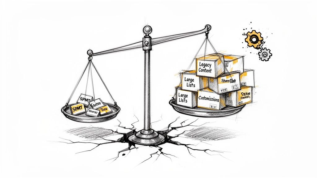 A scale weighing many heavy boxes of legacy content, customizations against lighter SPMT solutions.