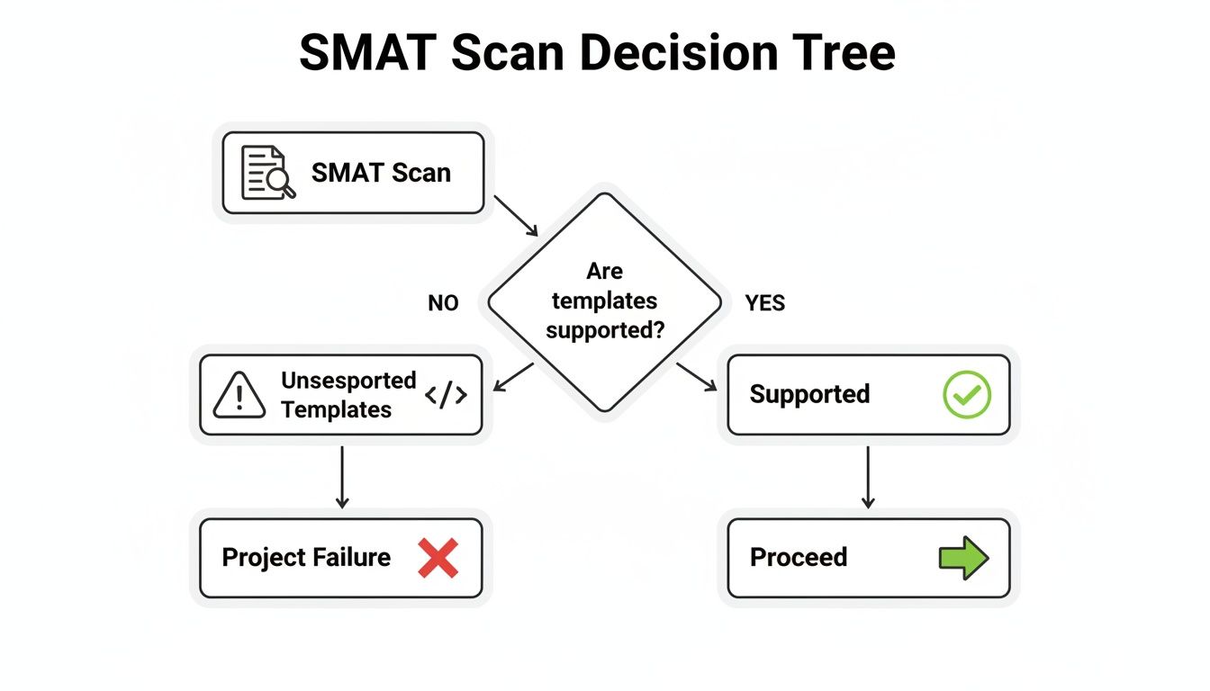A decision tree flowchart for SMAT Scan showing template support leads to project success or failure.