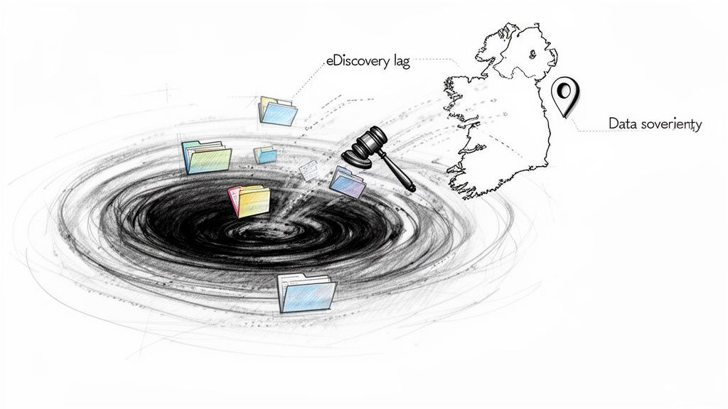 Illustration of a black hole pulling in files, a gavel, and pointing to eDiscovery lag and data sovereignty in relation to Ireland.