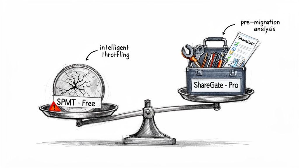 A balance scale visually compares SPMT Free (cracked clock) with ShareGate Pro (toolbox, pre-migration analysis).