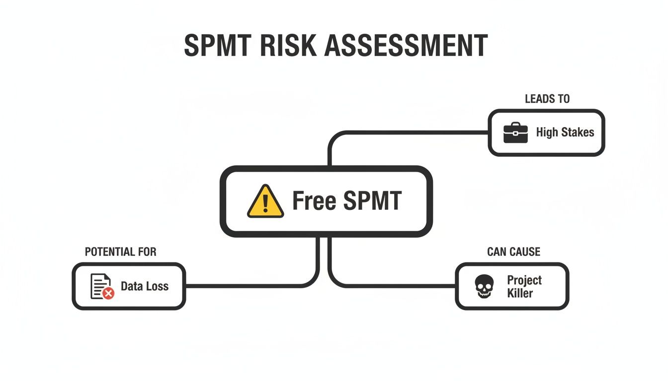 A risk assessment diagram illustrating the potential negative consequences of using a free SPMT tool, including data loss and high stakes.