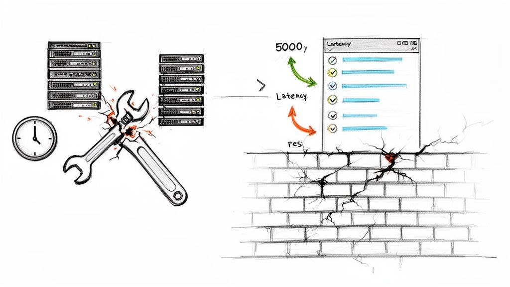 Illustration showing IT migration challenges: broken wrench, servers, latency display, and cracked wall.