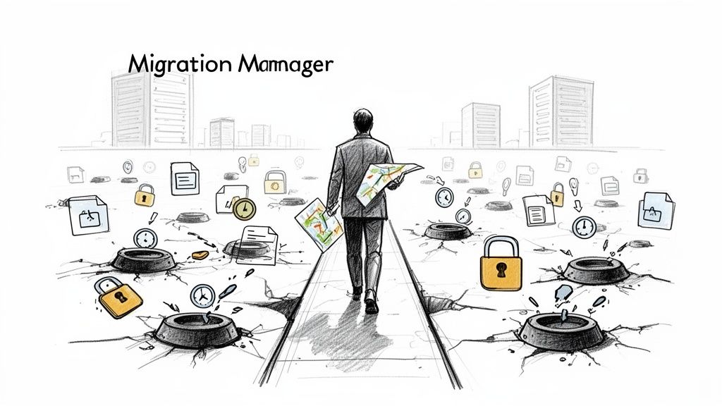 Migration Manager in a suit holding maps, overseeing data transfer with documents, locks, and clocks.