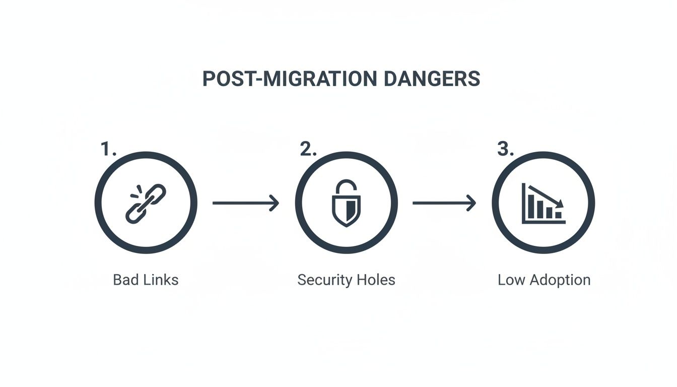 Diagram illustrating common post-migration dangers: bad links, security holes, and low adoption.