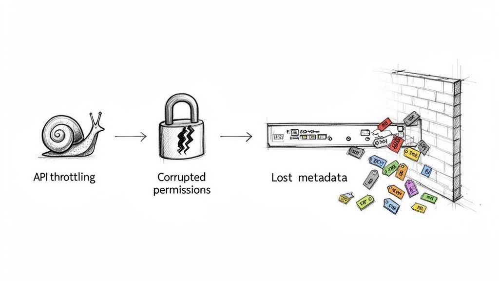 A visual explanation of how API throttling can cause corrupted permissions and lead to metadata loss.