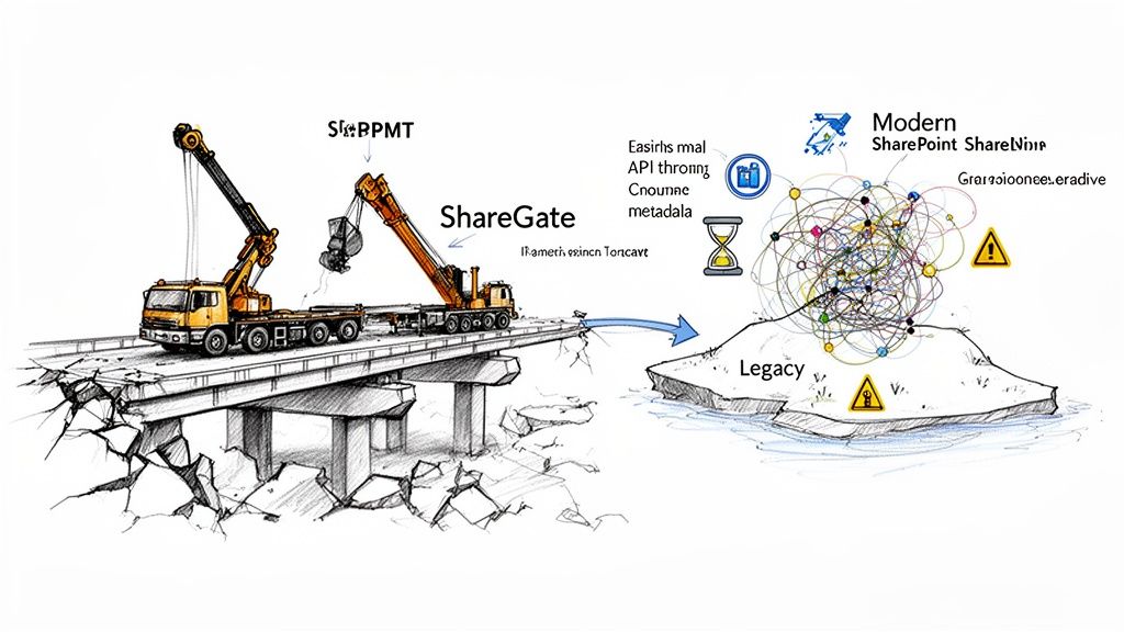 Cranes move data over a broken bridge, migrating to Modern SharePoint from a Legacy system.
