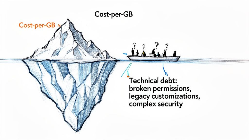 Iceberg diagram illustrating visible cost-per-GB as the tip and hidden technical debt below.