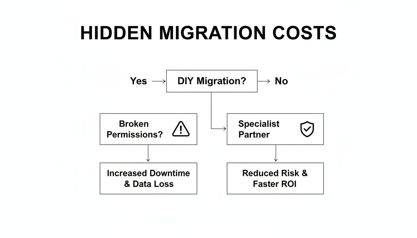 Flowchart illustrating hidden migration costs, comparing DIY migration risks with benefits of a specialist partner.