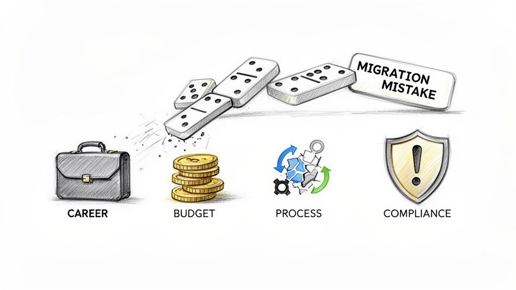 Falling dominoes labeled 'Migration Mistake' impacting career, budget, process, and compliance.