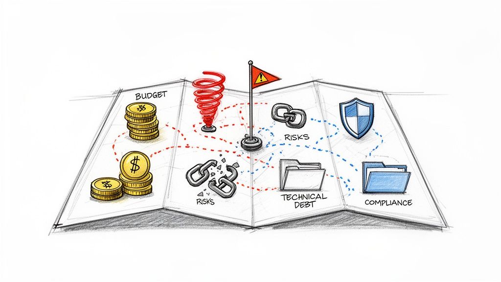 A diagram depicting project management challenges: budget, risks, technical debt, and compliance on a folded map.