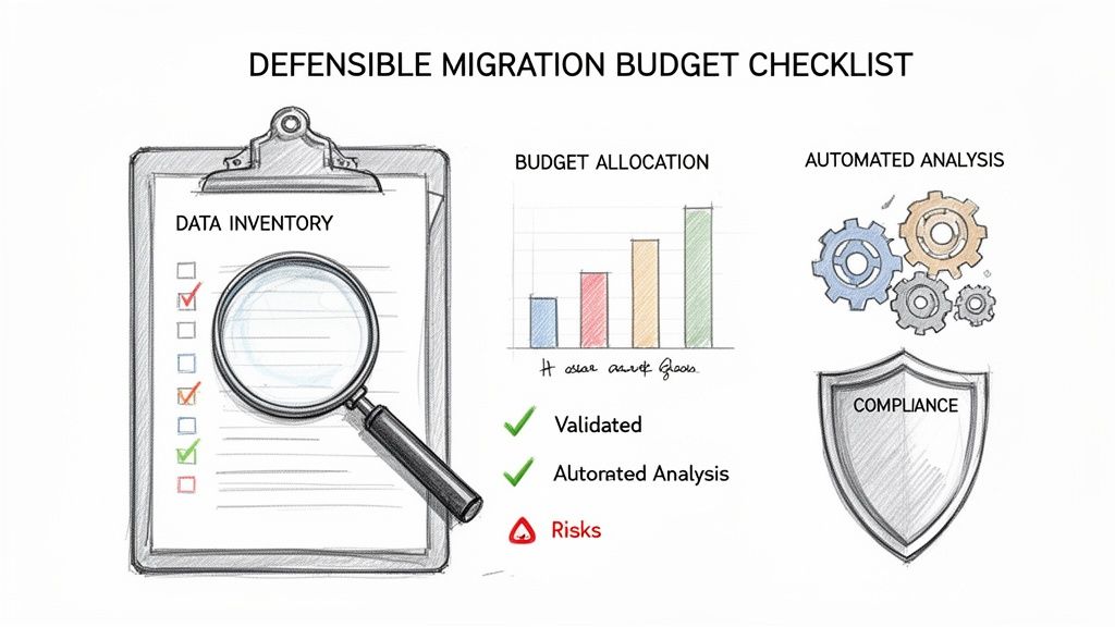 Defensible migration budget checklist with data inventory, budget allocation, automated analysis, and compliance shield.