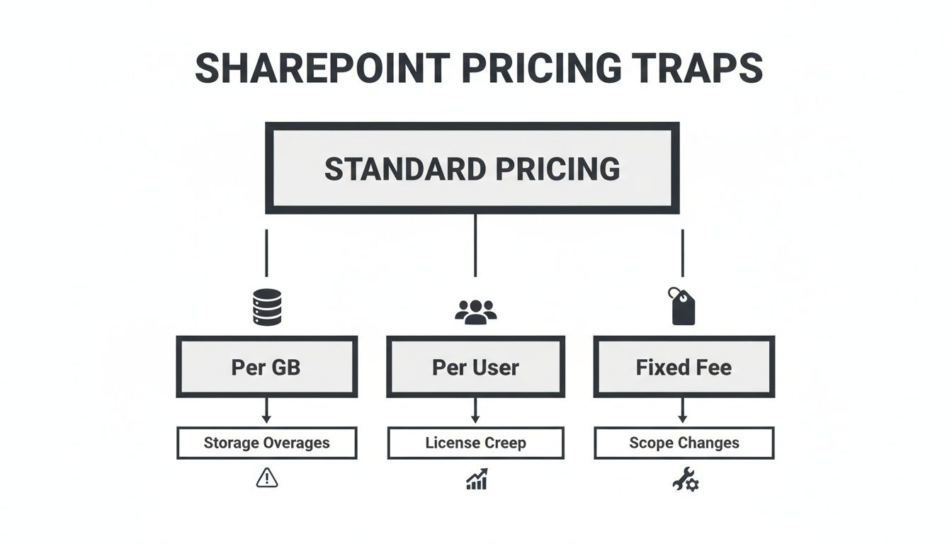 Flowchart illustrating SharePoint pricing models (Per GB, Per User, Fixed Fee) and their common traps.