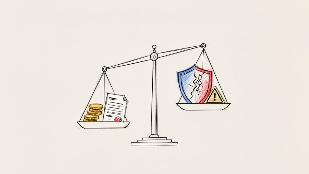 Balance scale weighing financial assets and a document against a broken shield and warning sign.