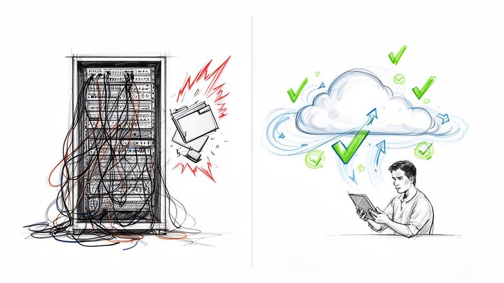 Image contrasting tangled on-premise servers and data loss with secure, efficient cloud data management.
