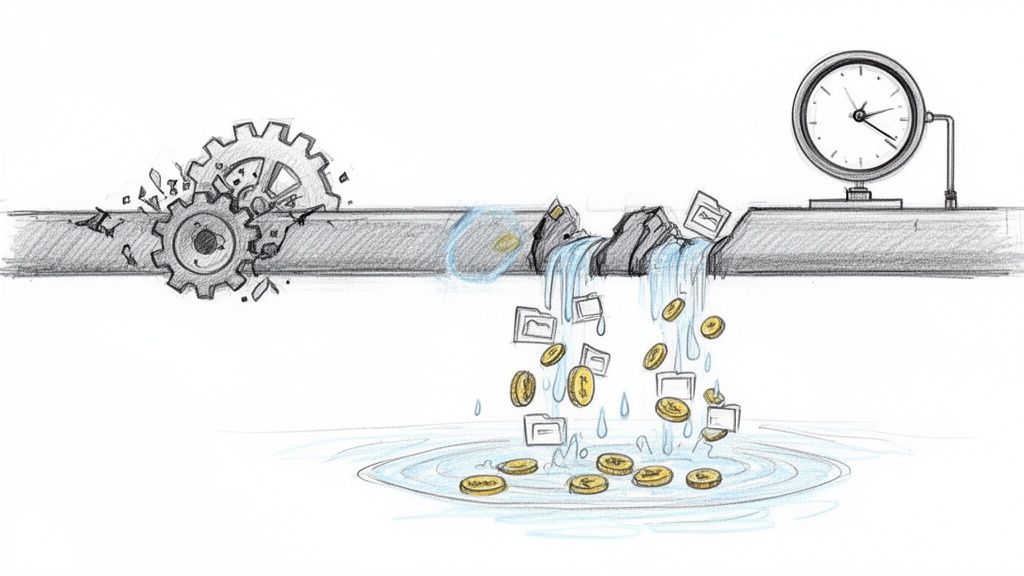 A sketch of a broken pipeline leaking money and data, with gears and a clock, symbolizing inefficiency or loss.