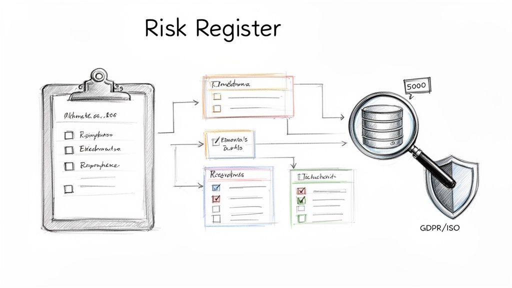 A hand-drawn diagram illustrates a risk register and management process, showing steps from identification to compliance.