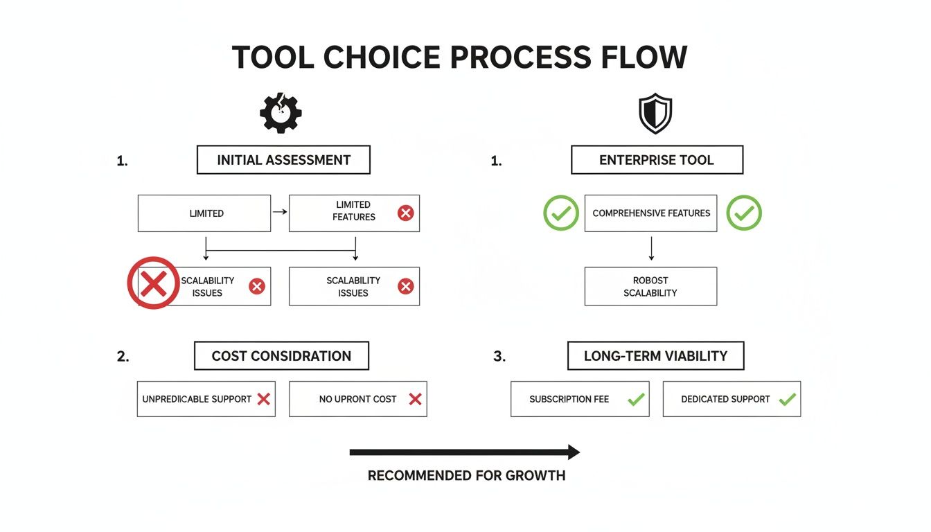 Flowchart comparing tool choices, showing limitations of basic tools versus benefits of enterprise solutions for growth.