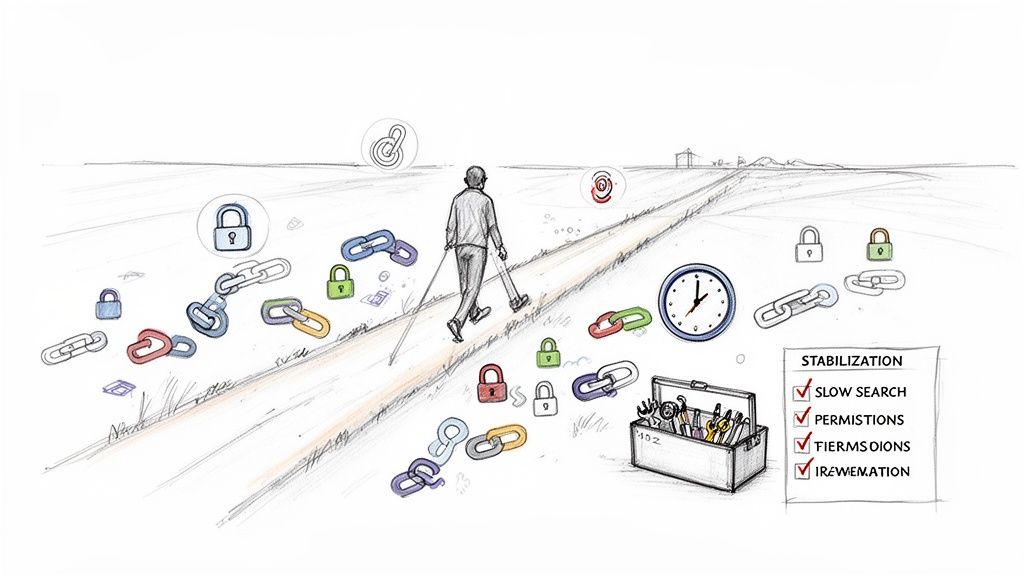 Illustration of a person walking through system migration challenges, represented by locks, chains, and tasks.
