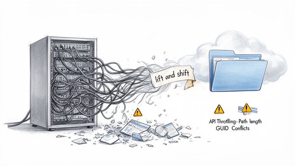 Illustration of migrating a server rack with tangled cables to a cloud, symbolizing challenges in 'lift and shift' cloud migration.