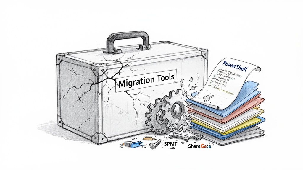 Cracked 'Migration Tools' toolbox, gears, PowerShell scripts, and tools like SPMT, ShareGate for data migration.