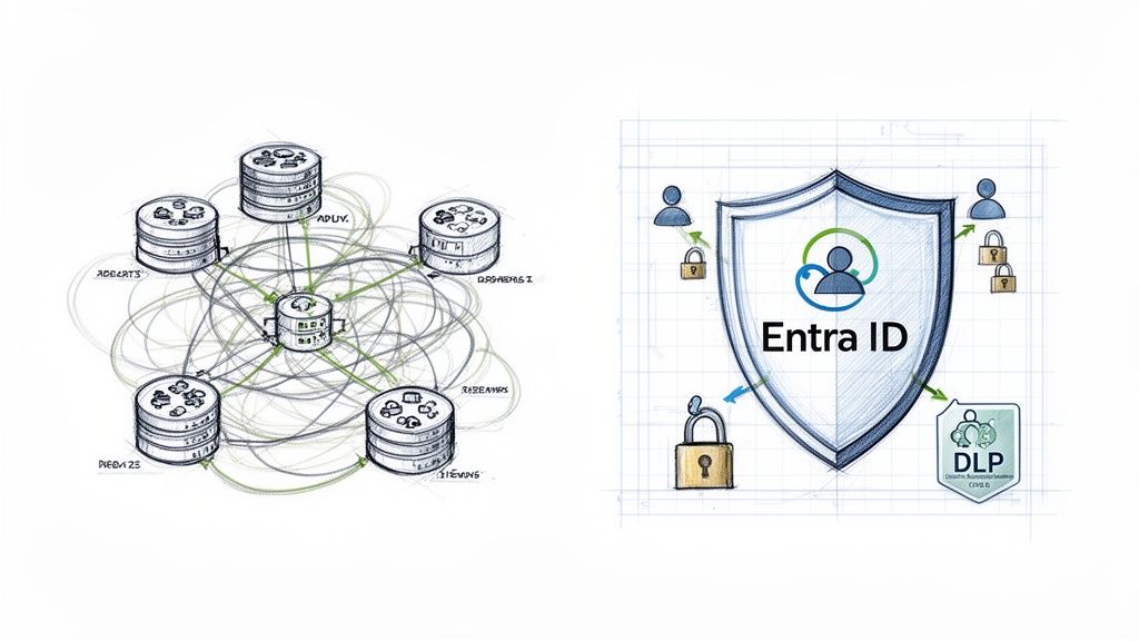 Two technical diagrams: one showing a data network, the other illustrating Entra ID identity and data loss prevention.