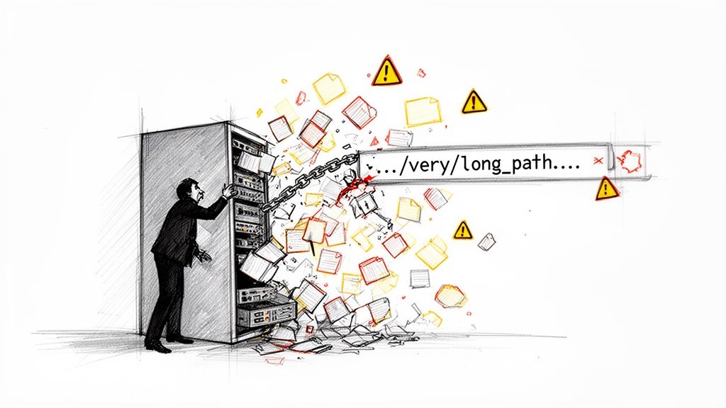 Illustration of a man and server rack, files exploding, linked to a '/very/long_path' error and warning signs.
