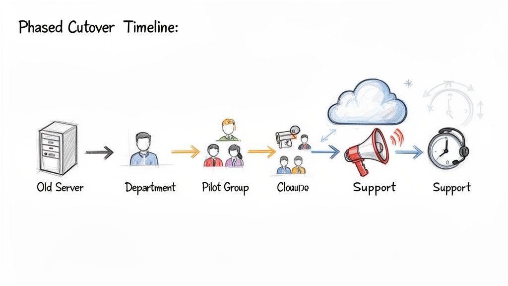 Phased cutover timeline for IT migration, showing old server, user groups, cloud, and support.