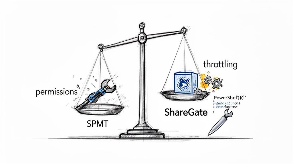 Weighing scale comparing SharePoint migration tools: SPMT for permissions, ShareGate for throttling and PowerShell efficiency.