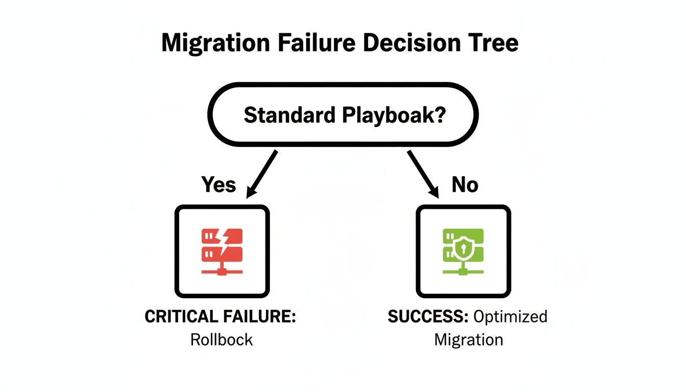 Decision tree about migration failure: standard playbook results in rollback, while not following it leads to success.
