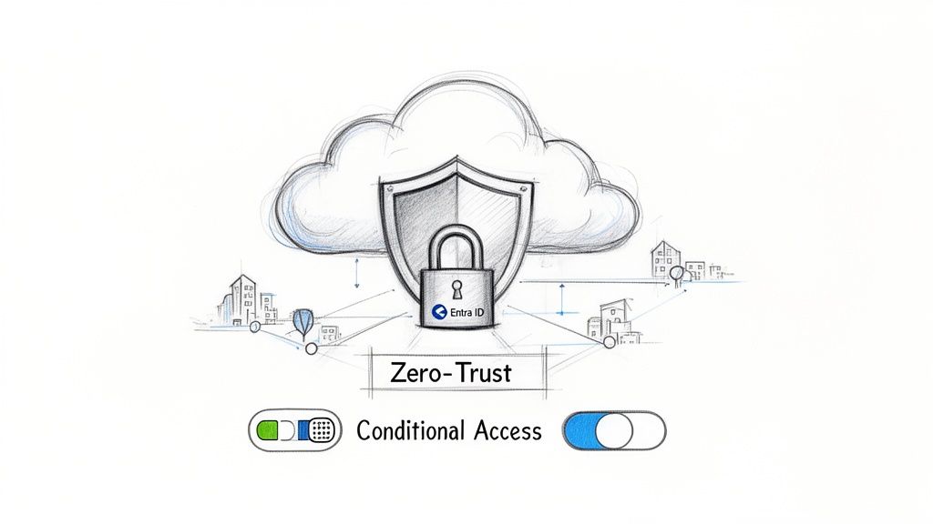 Sketch diagram illustrating Entra ID Zero-Trust security and conditional access protecting cloud resources for various users.