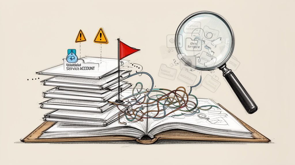 Illustration of a book with service account papers, warning signs, and a magnifying glass examining complex data.
