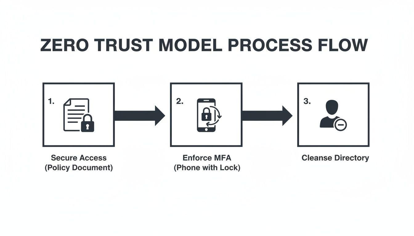 Diagram illustrating the Zero Trust Model process flow: Secure Access, Enforce MFA, and Cleanse Directory.