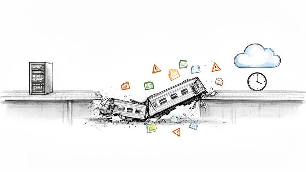 A server rack, cloud, and clock with a train crash in between, symbolizing a challenging data migration.