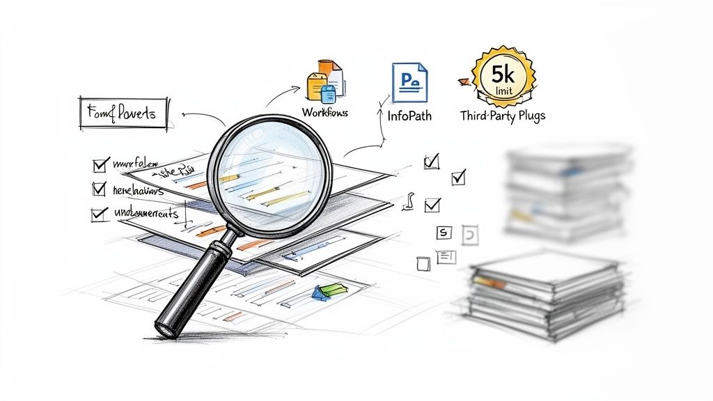 Conceptual sketch of a magnifying glass over forms and reports, highlighting workflows, InfoPath, and plug-in limits.