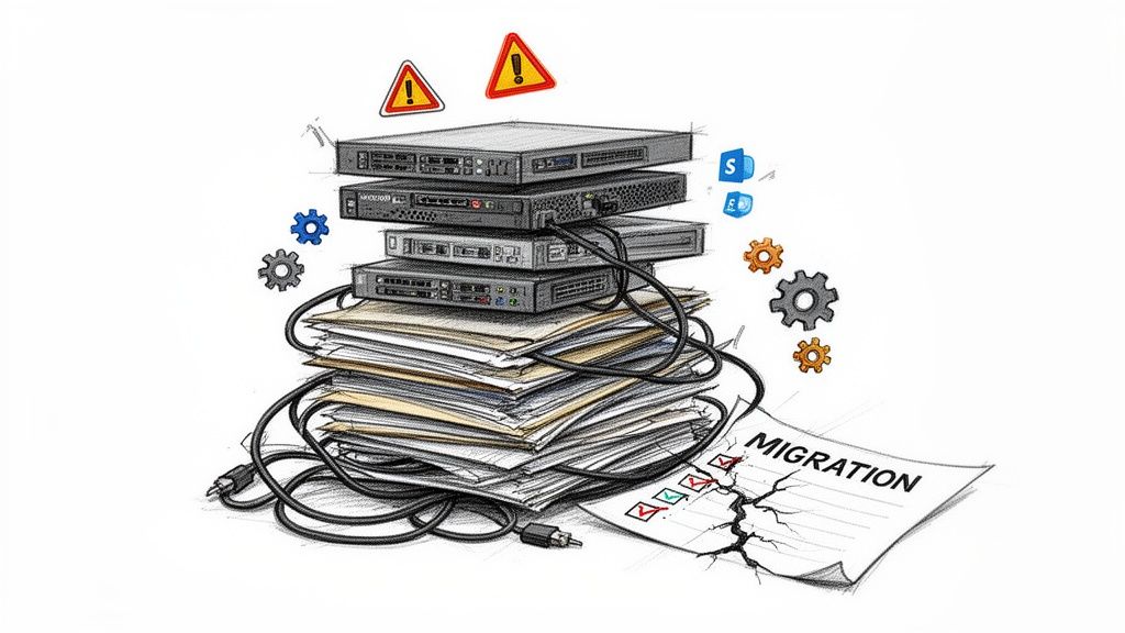 Illustration of a challenging IT migration process with old servers, documents, tangled cables, and a cracked migration plan.