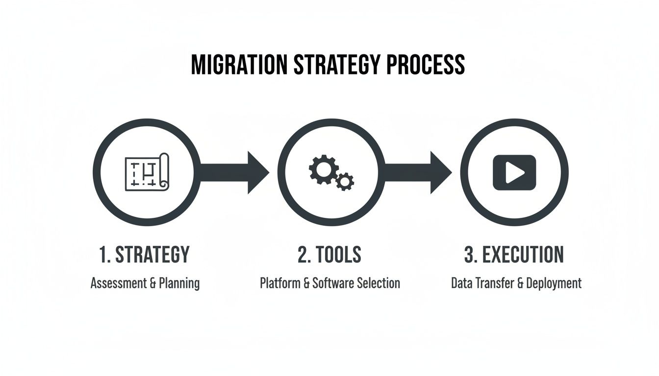 A three-step migration strategy process diagram showing strategy, tools, and execution phases.