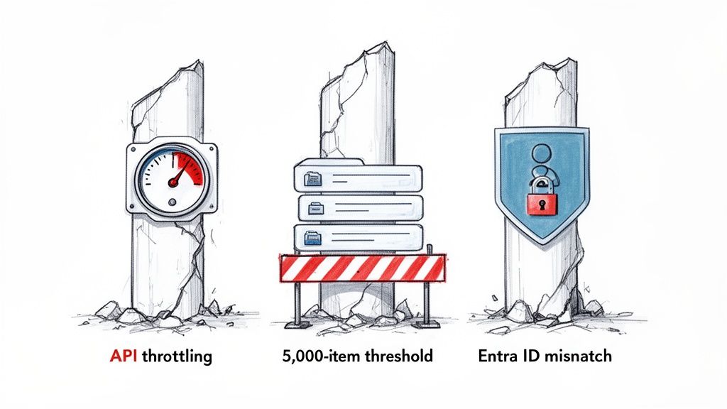 Three illustrations of broken pillars representing technical challenges: API throttling, 5,000-item threshold, and Entra ID mismatch.