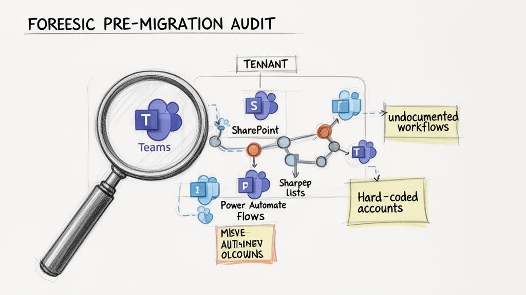 Diagram illustrating a Foreesic pre-migration audit of a Microsoft 365 tenant, examining Teams, SharePoint, and Power Automate flows.