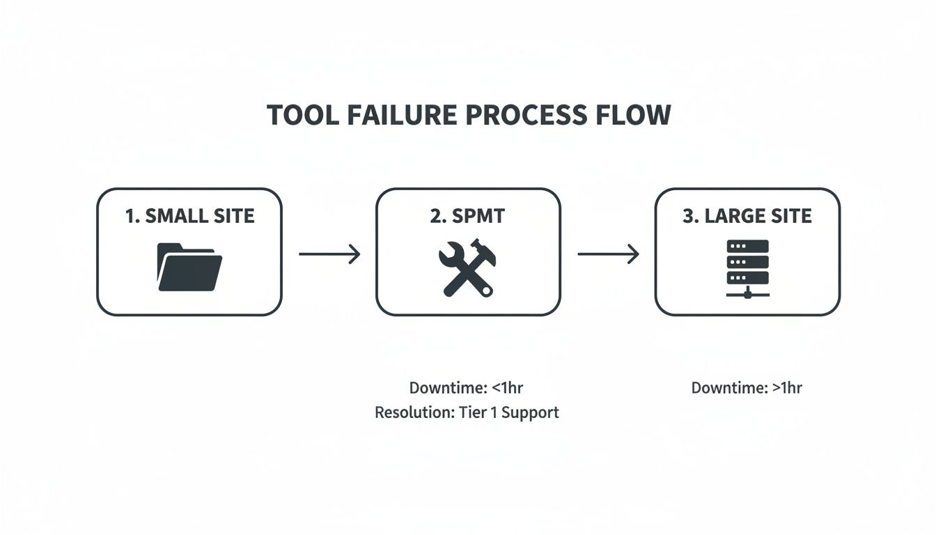 Process flow diagram showing tool failure steps for small sites, SPMT, and large sites with downtime details.