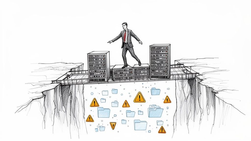 A businessman walks across server racks over a chasm filled with data and warning signs, symbolizing risky migration.