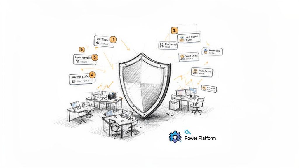 A sketch illustrating a security shield protecting business operations, user support, and data, integrating with Power Platform.