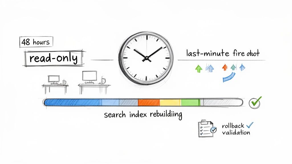 Diagram illustrating a system migration or update process with a read-only period and search index rebuilding.