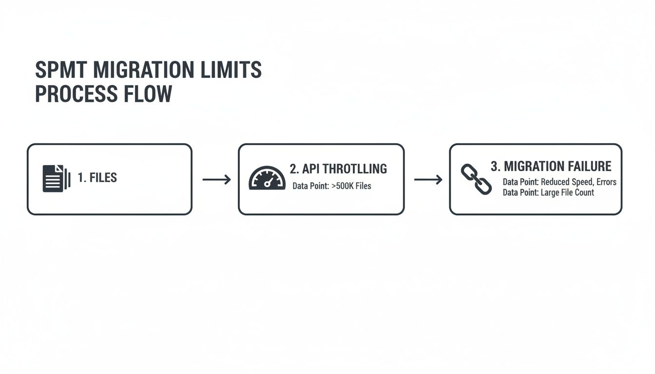 Flowchart illustrating SPMT migration limits from files causing API throttling and eventual migration failure.
