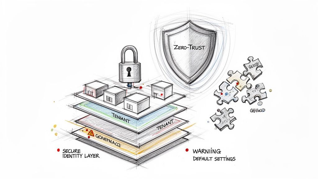 A sketch illustrating secure identity with zero-trust architecture, layers of governance, and tenant management.