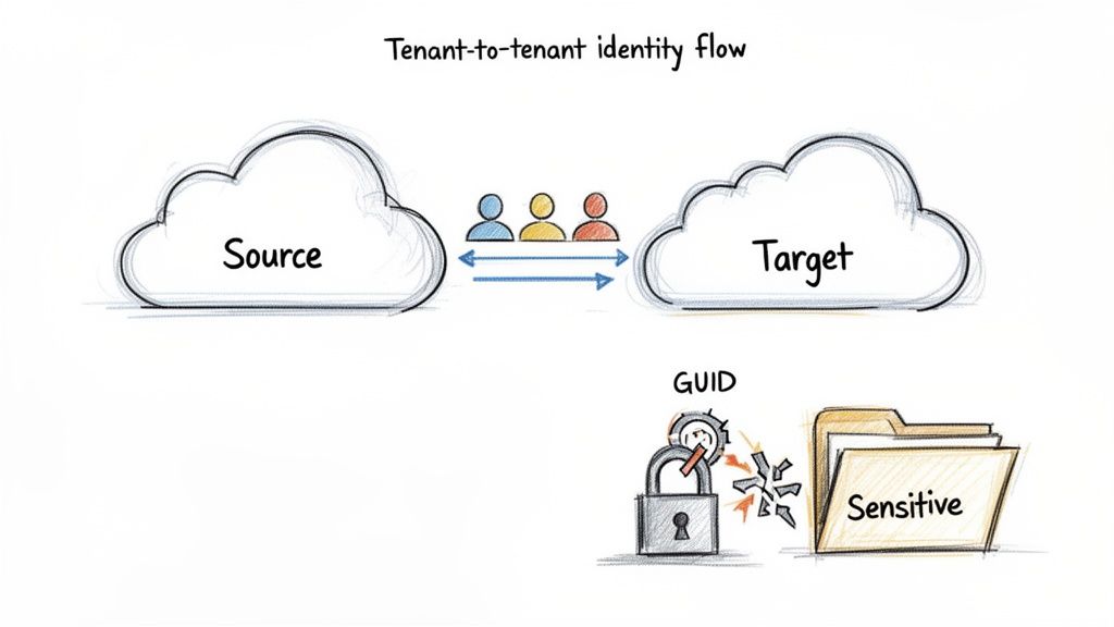 Diagram showing a tenant-to-tenant identity flow between source and target clouds, with GUIDs accessing sensitive data.