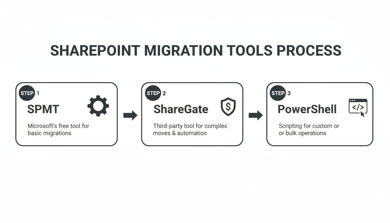 Flowchart illustrating the SharePoint migration tools process using SPMT, ShareGate, and PowerShell for different migration needs.